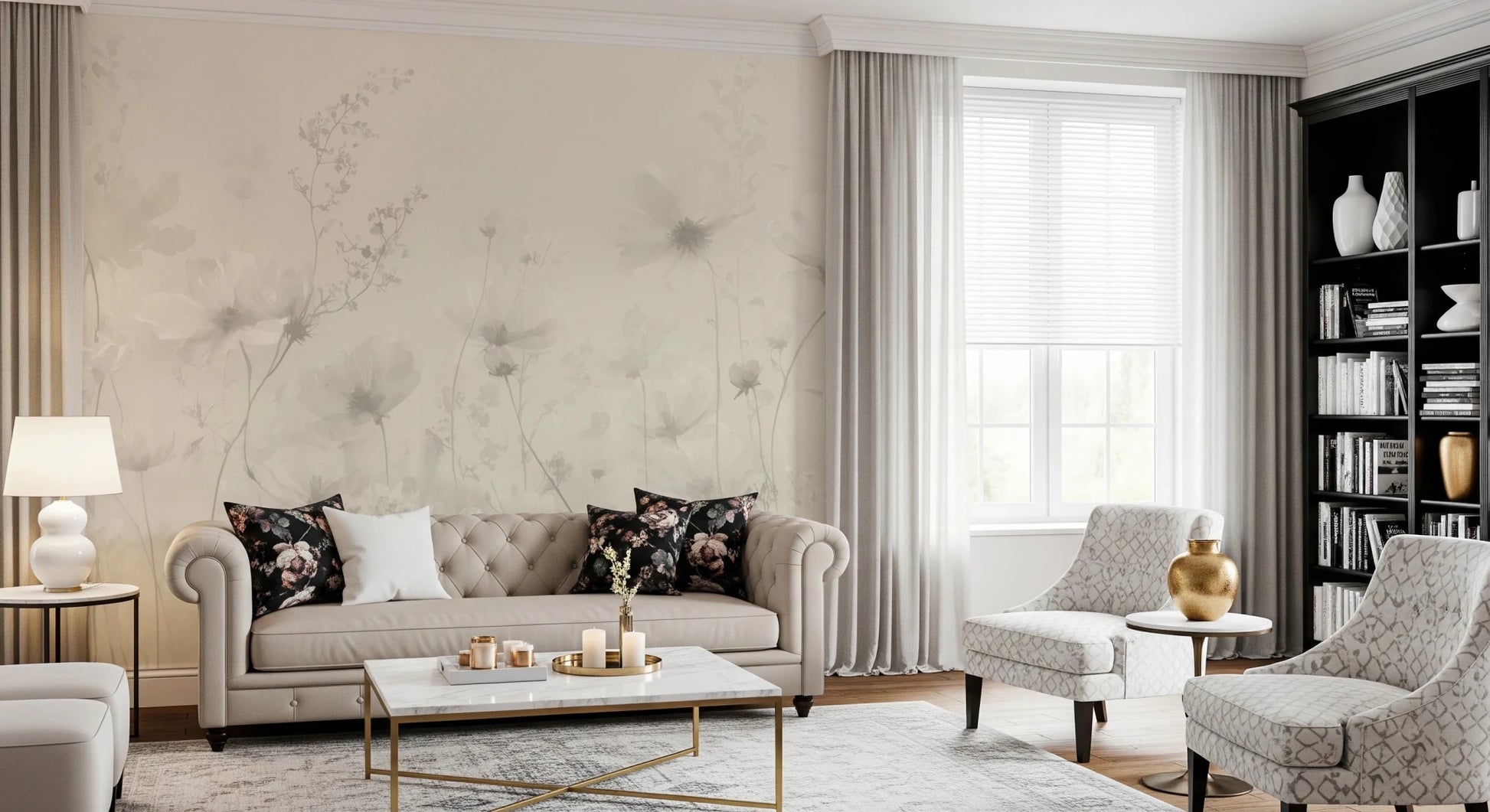 Poetic Soft Floral Linen wallpaper mural of linen-tone florals in a living room with a beige tufted Chesterfield sofa
