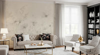 Poetic Soft Floral Linen wallpaper mural of linen-tone florals in a living room with a beige tufted Chesterfield sofa
