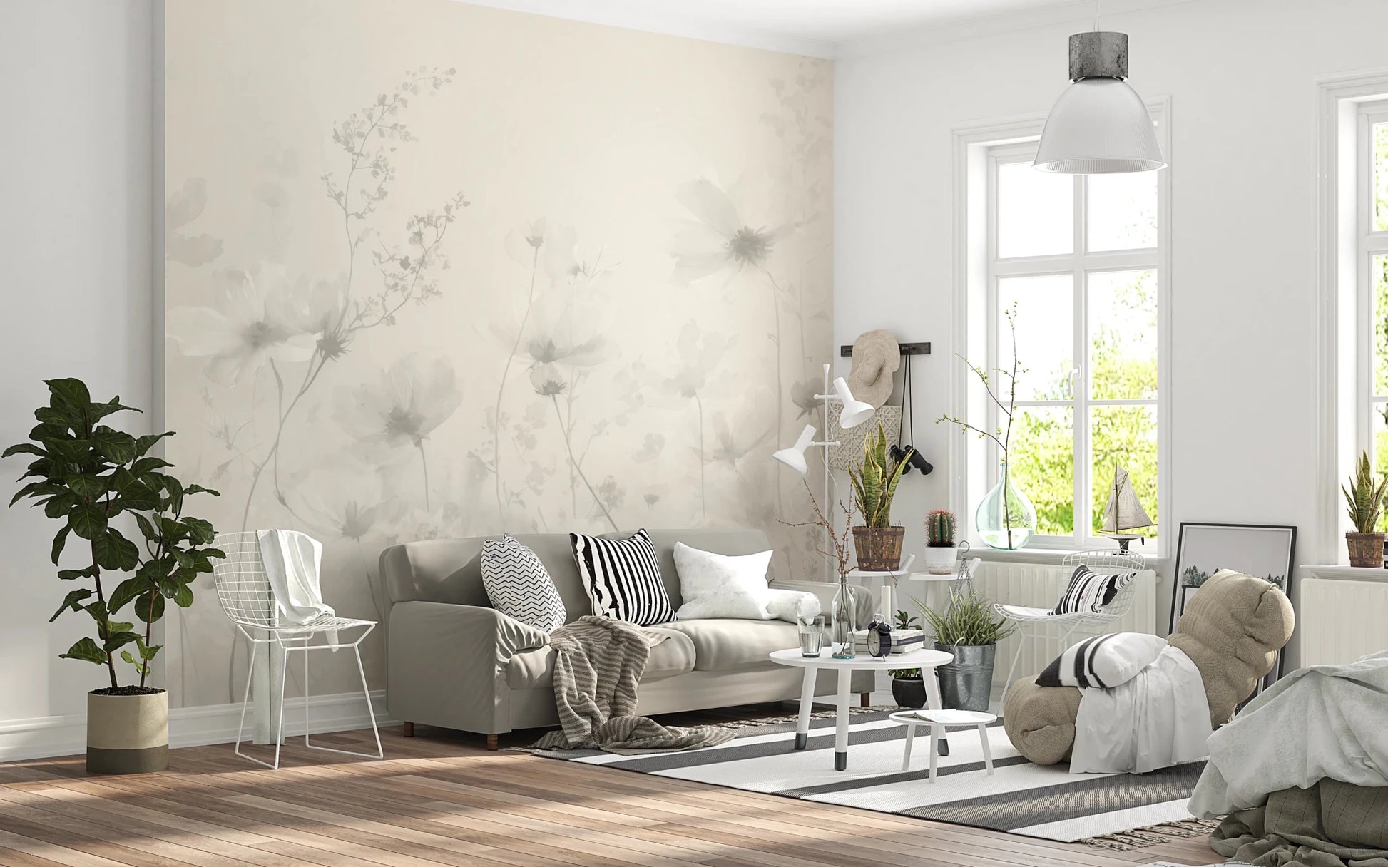 Poetic Soft Floral Linen wallpaper mural of soft florals in a Scandinavian living room with a grey sofa and wire chair