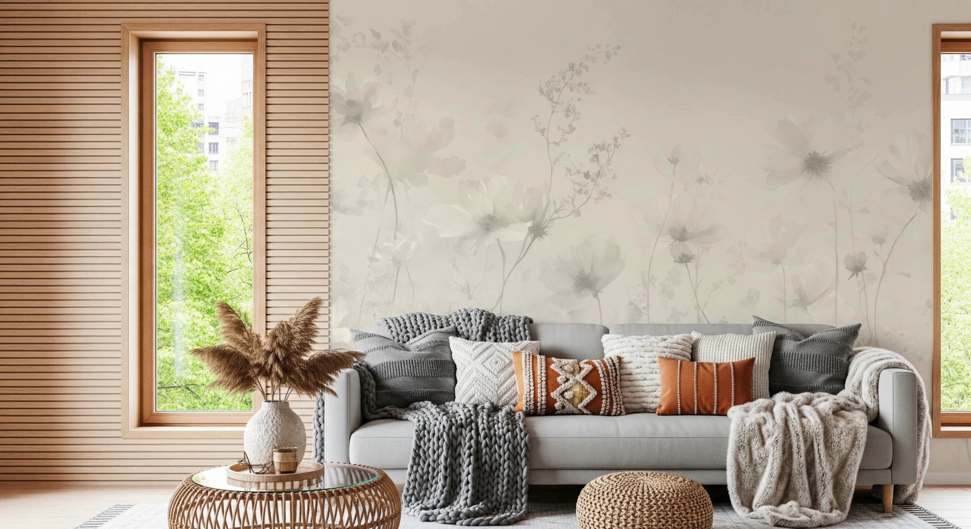 Poetic Soft Floral Linen wallpaper mural of greige flowers in a living room with a grey sofa and rust knit pillows
