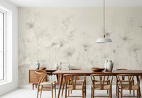 Poetic Soft Floral Linen wallpaper mural of neutral wildflowers in a dining room with a walnut table and wishbone chairs