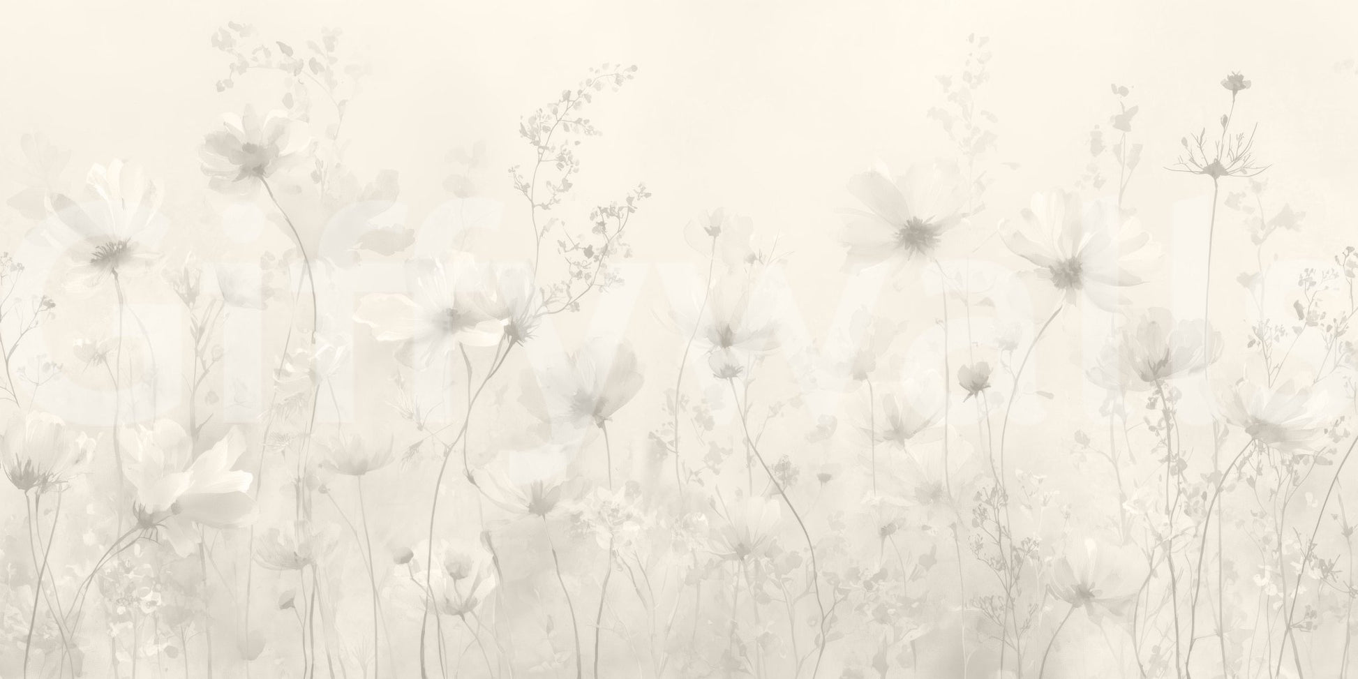 Poetic Soft Floral Linen wallpaper mural close-up showing pale cosmos and wildflowers on a soft greige linen background