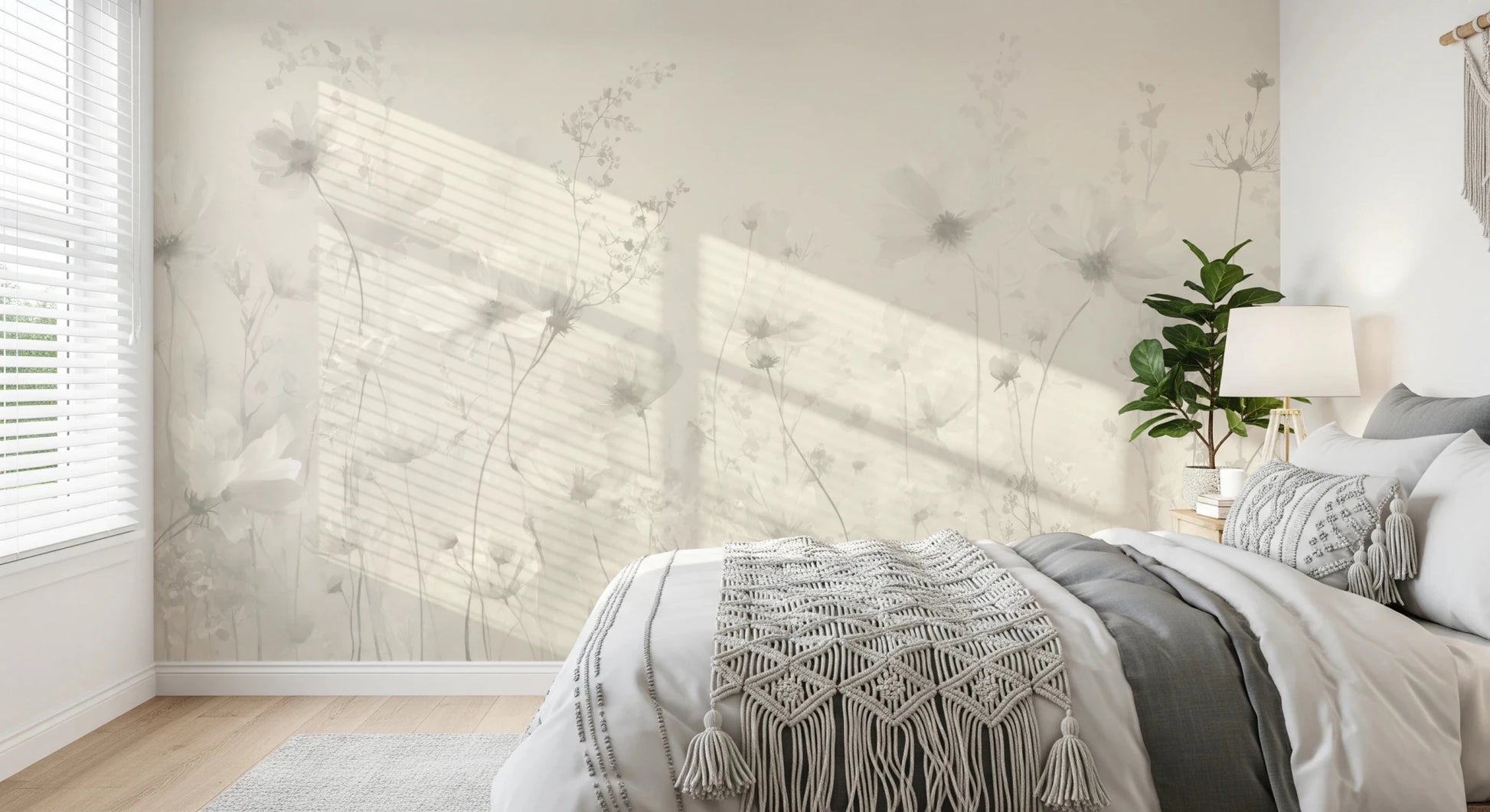 Poetic Soft Floral Linen wallpaper mural of soft neutral flowers in a bedroom with white bedding and a macrame throw