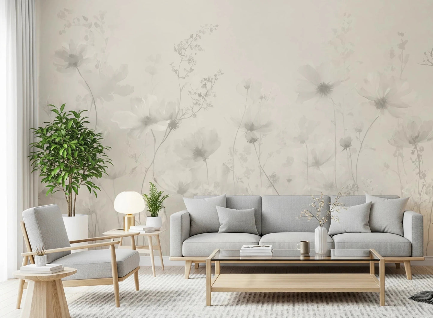 Poetic Soft Floral Linen wallpaper mural of neutral cosmos in a living room with a grey sofa and a leafy potted plant