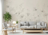 Poetic Soft Floral Linen wallpaper mural of neutral cosmos in a living room with a grey sofa and a leafy potted plant