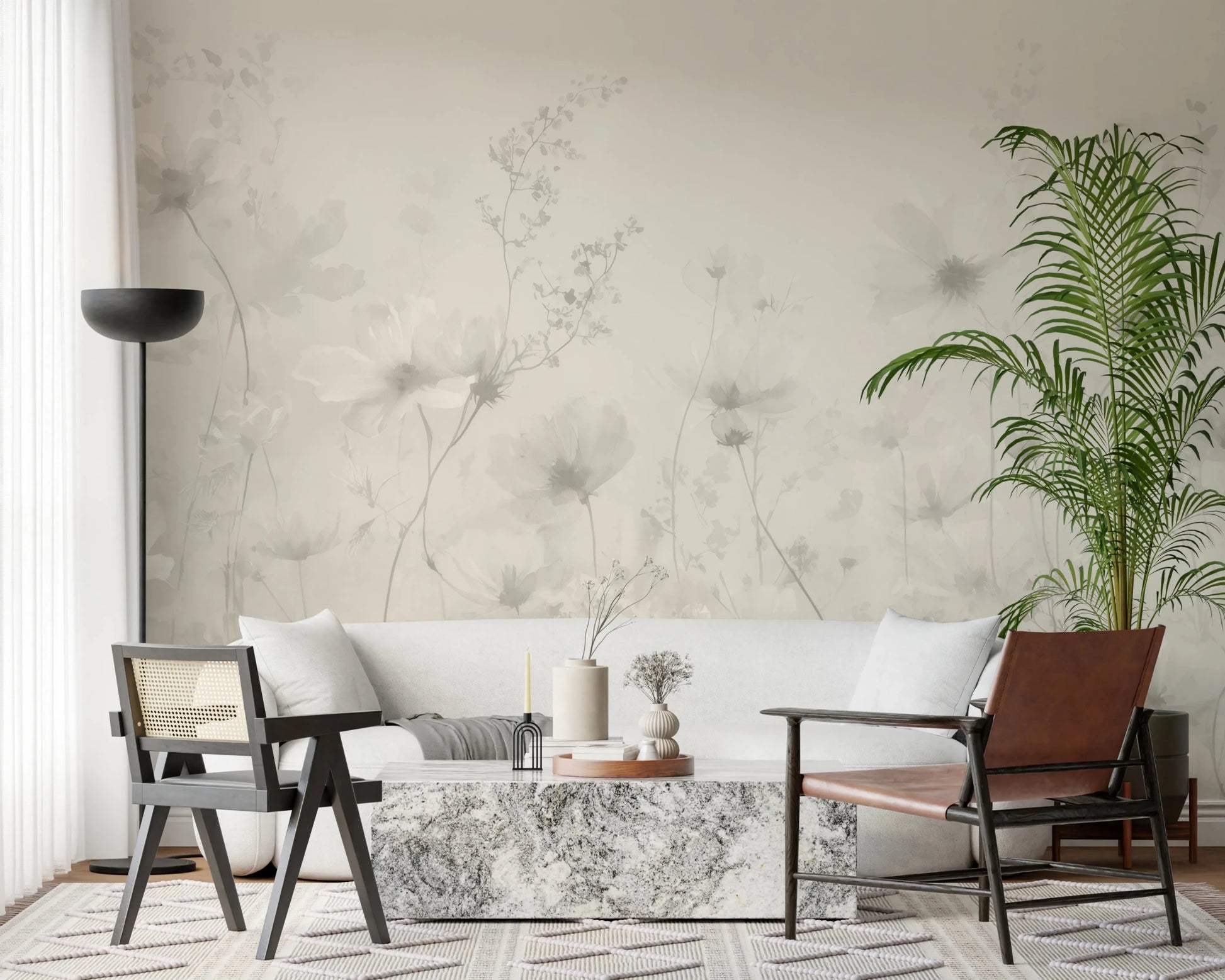Poetic Soft Floral Linen wallpaper mural of greige cosmos in a living room with a white sofa and a tall palm plant