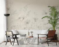 Poetic Soft Floral Linen wallpaper mural of greige cosmos in a living room with a white sofa and a tall palm plant