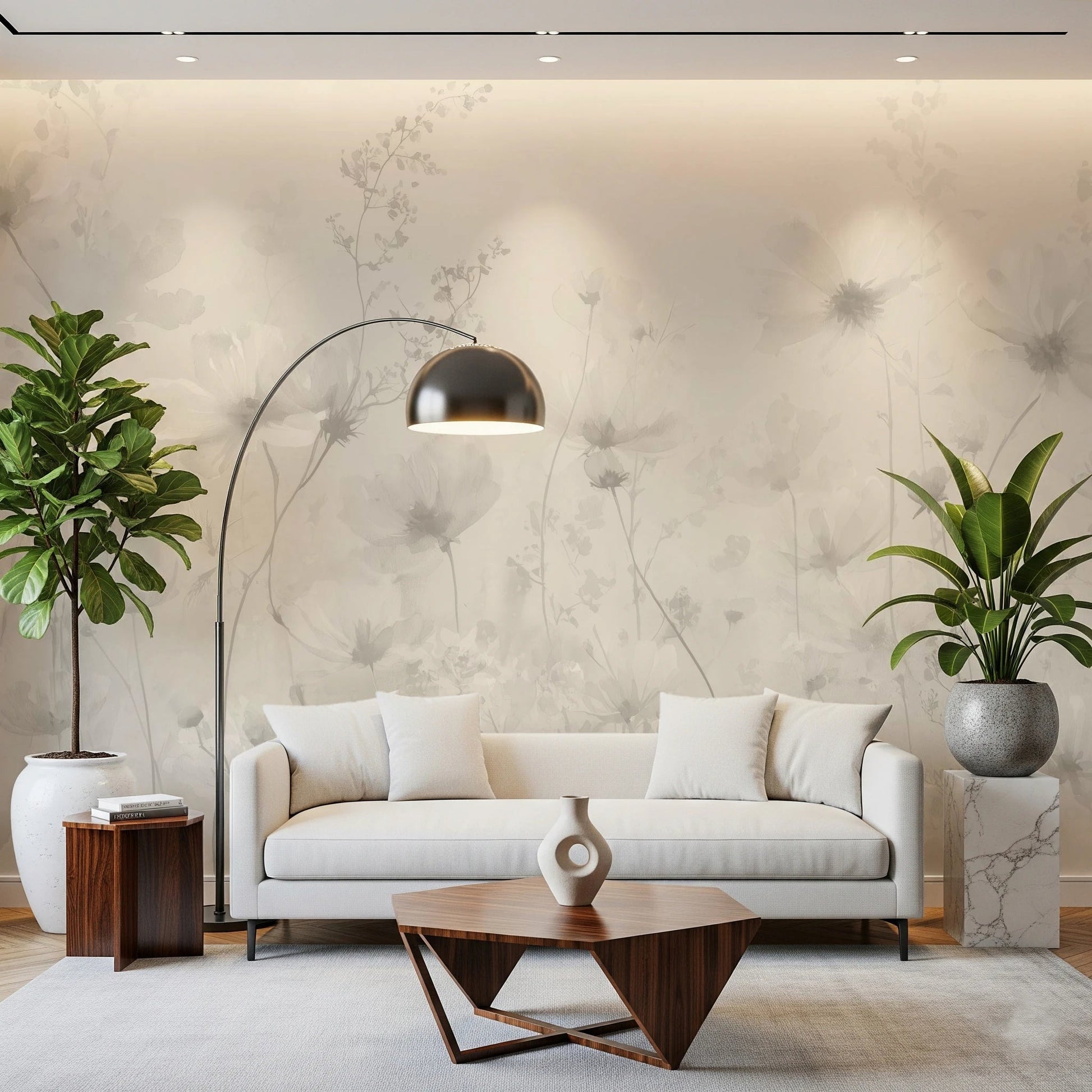Poetic Soft Floral Linen wallpaper mural of greige wildflowers in a living room with a white sofa and an arc floor lamp