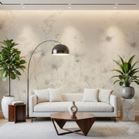Poetic Soft Floral Linen wallpaper mural of greige wildflowers in a living room with a white sofa and an arc floor lamp