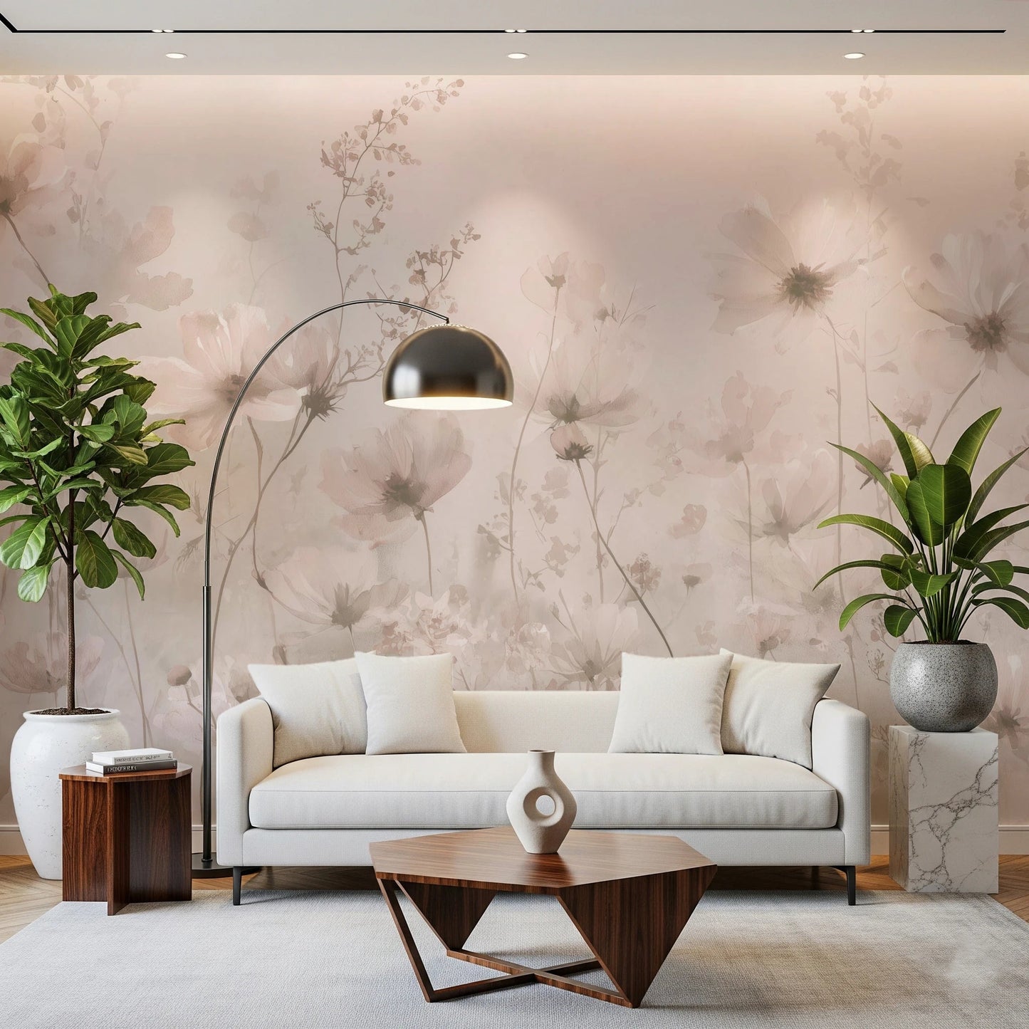 Poetic Soft Floral Petal Dust wallpaper mural of blush wildflowers in a living room with a white sofa and arc lamp