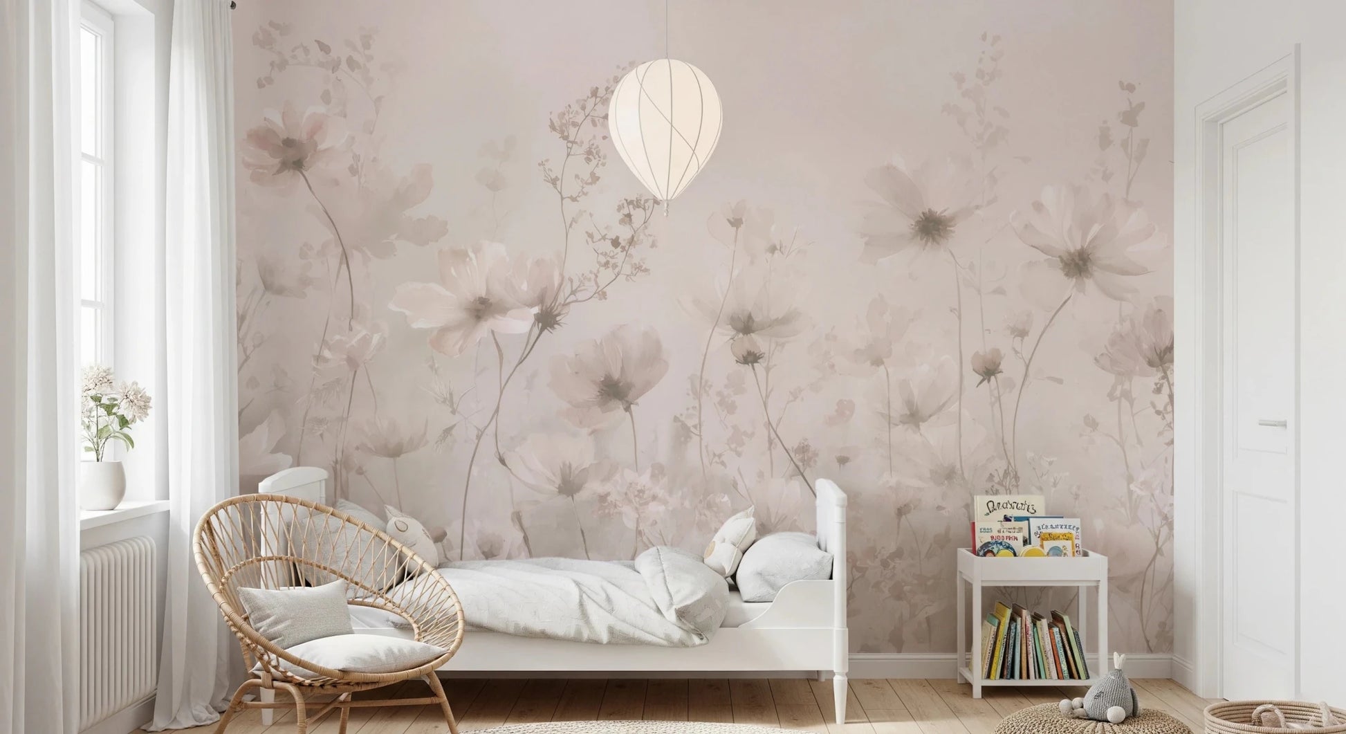 Poetic Soft Floral Petal Dust wallpaper mural of soft pink wildflowers in a kids bedroom with a white bed and rattan chair