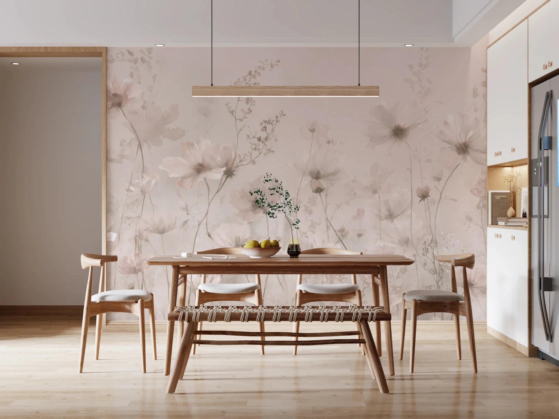 Poetic Soft Floral Petal Dust wallpaper mural of blush flowers in a dining room with a walnut table and woven bench