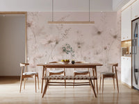 Poetic Soft Floral Petal Dust wallpaper mural of blush flowers in a dining room with a walnut table and woven bench