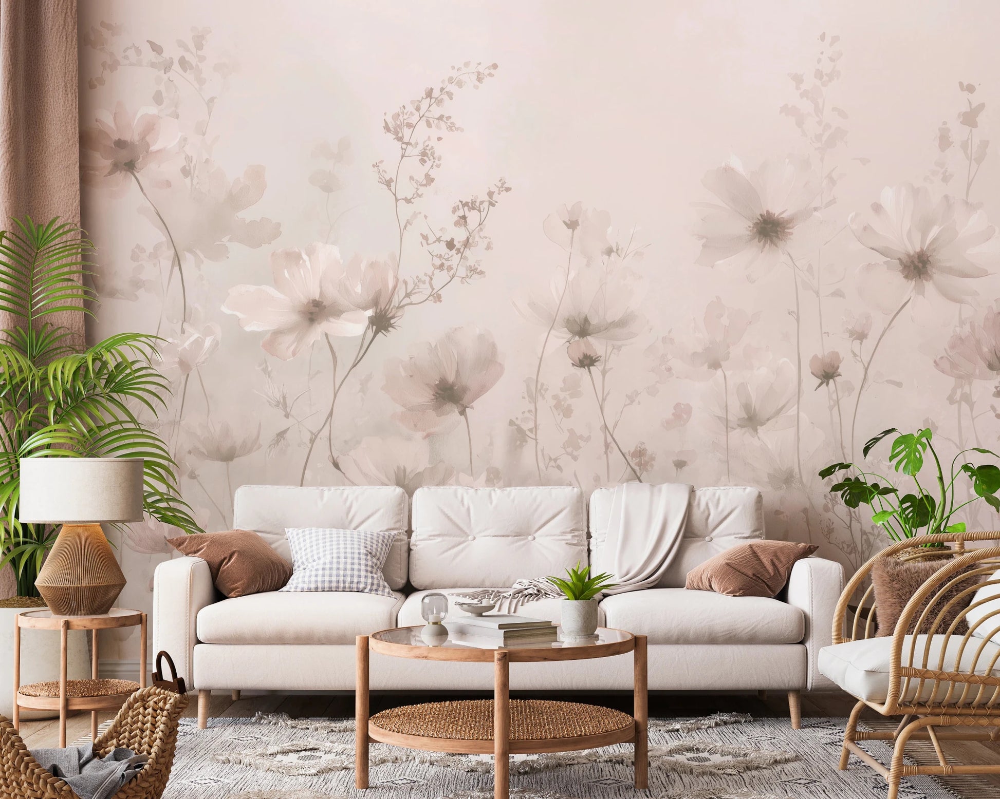 Poetic Soft Floral Petal Dust wallpaper mural of soft pink cosmos in a living room with a cream sofa and leafy plants