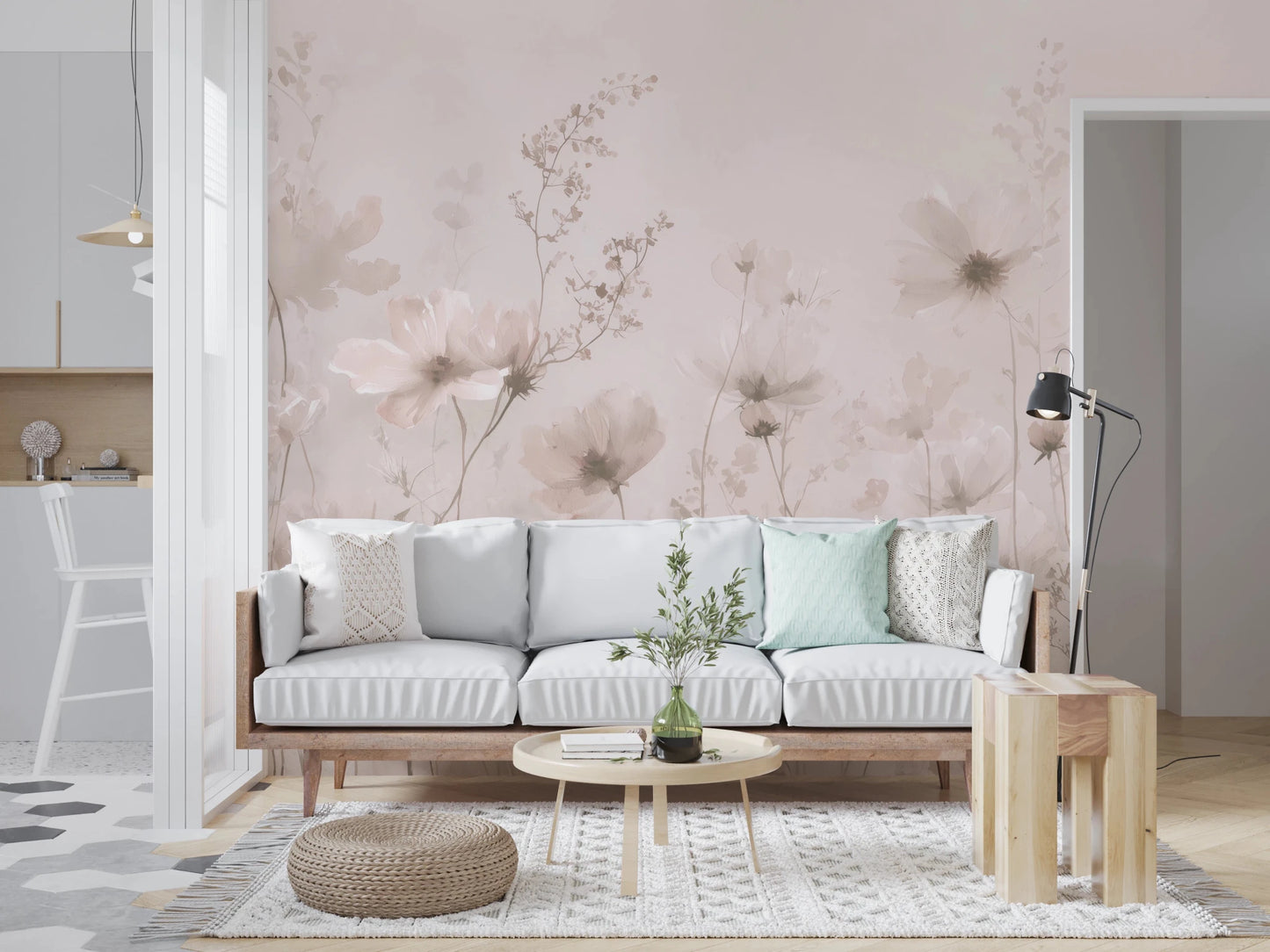 Poetic Soft Floral Petal Dust wallpaper mural of soft pink flowers in a living room with a white sofa and mint pillow