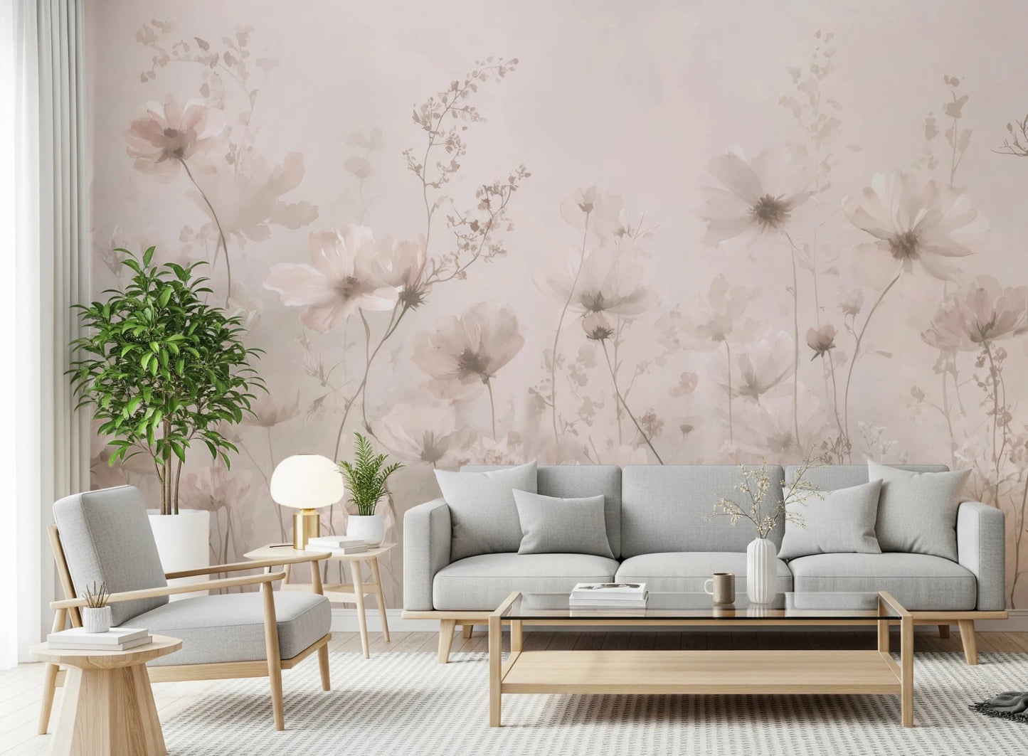 Poetic Soft Floral Petal Dust wallpaper mural of pink cosmos in a living room with a grey sofa and tall green plant