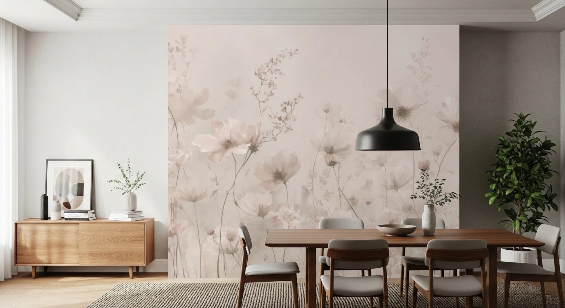 Poetic Soft Floral Petal Dust wallpaper mural of pink wildflowers in a dining room with a walnut table and pendant