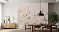 Poetic Soft Floral Petal Dust wallpaper mural of pink wildflowers in a dining room with a walnut table and pendant