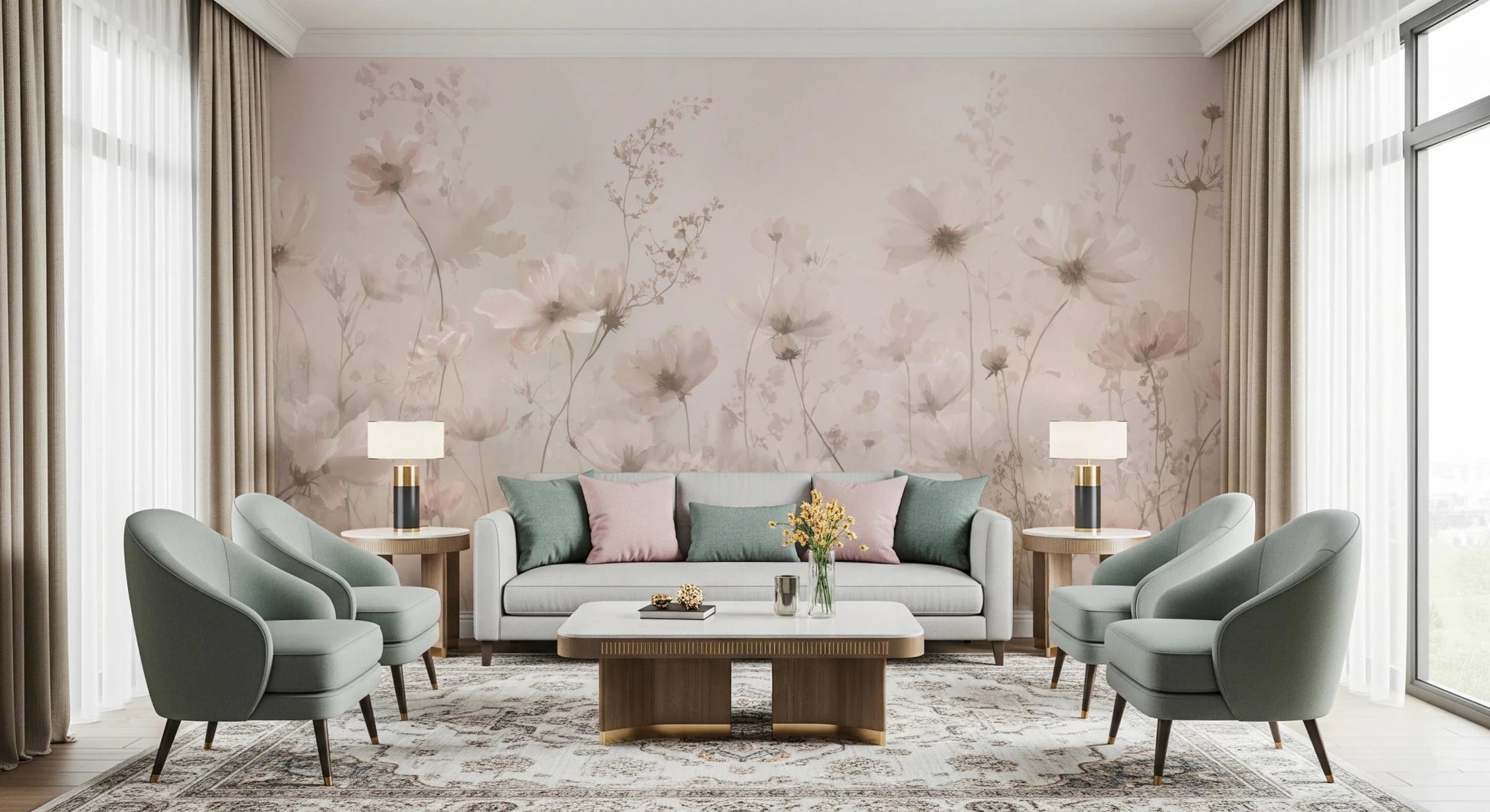 Poetic Soft Floral Petal Dust wallpaper mural of blush cosmos in a living room with a grey sofa and sage armchairs