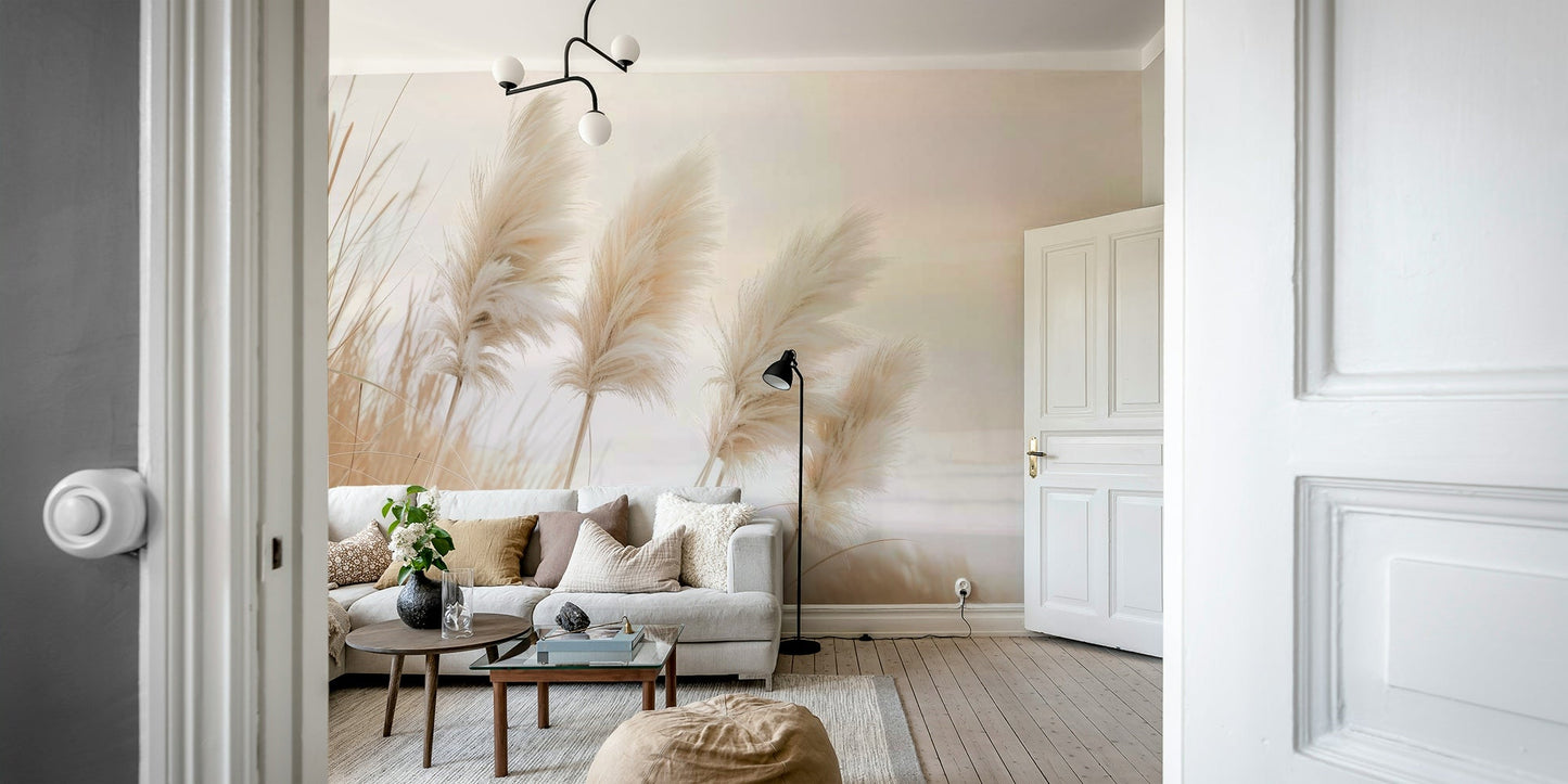 Peaceful coastal scene with pampas grass in soft light

