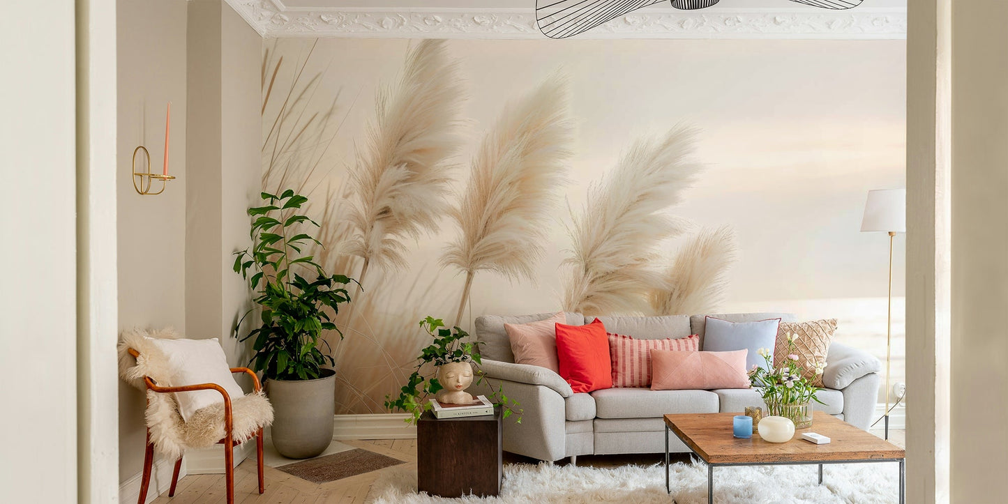 Poetry by the Sea mural with pampas grass and dusky sky

