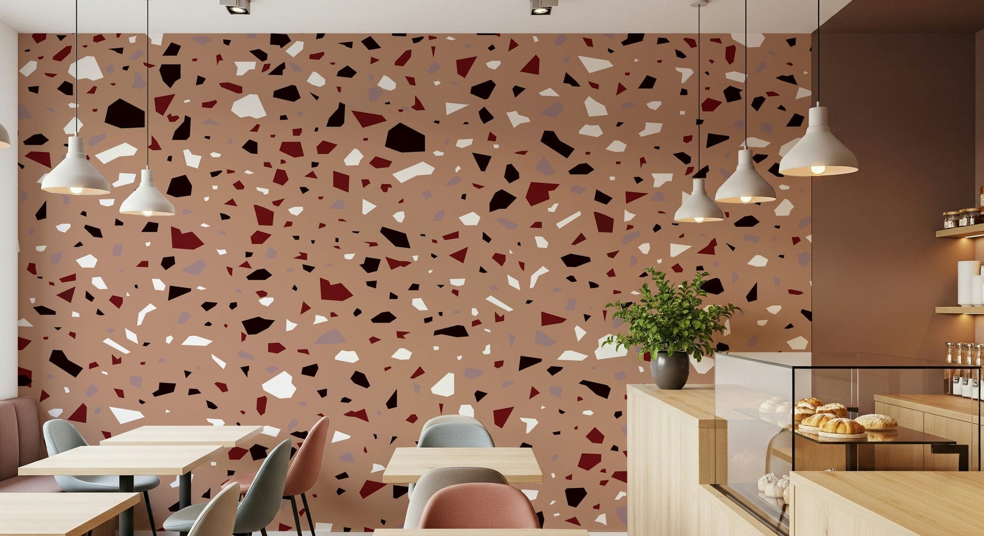 An artistic soft focus mural on minimalist wallpaper.