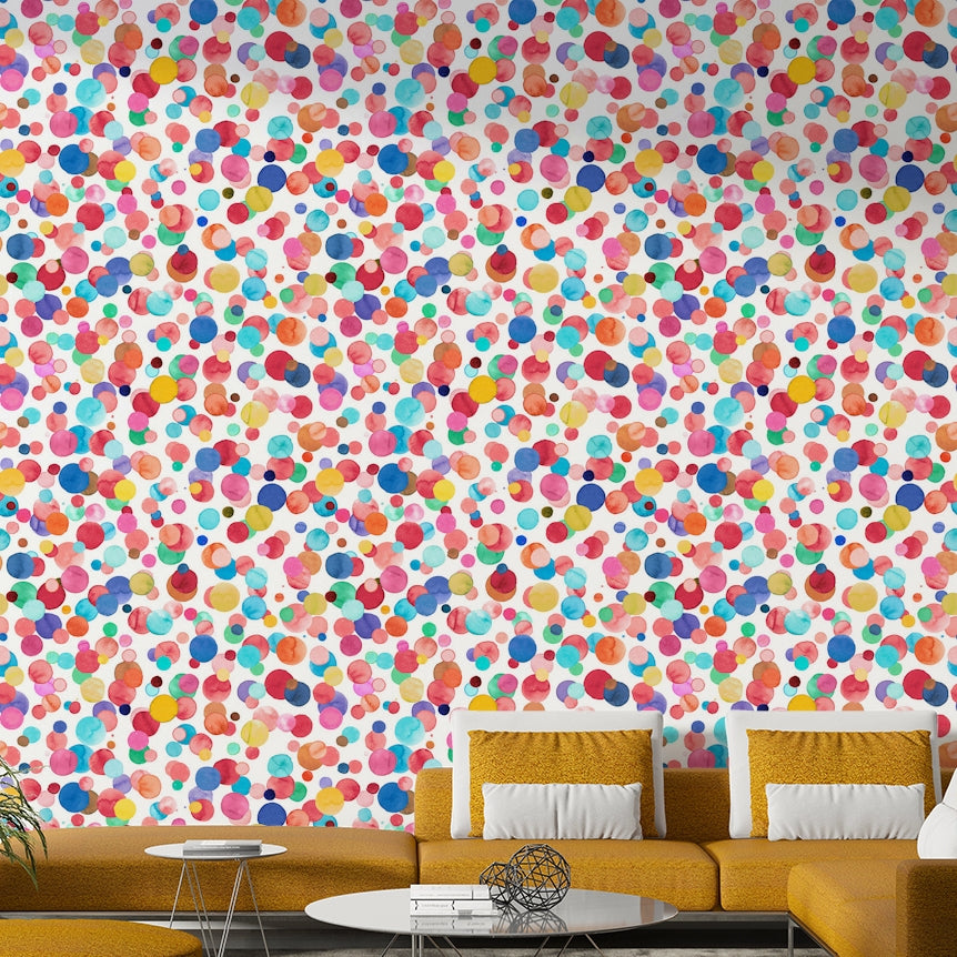 Light background with scattered watercolor dots in soft shades.

