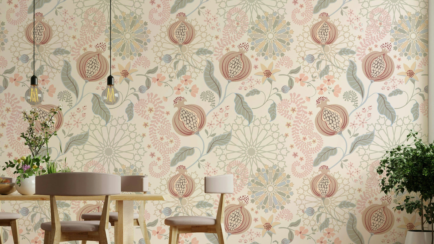 The wallpaper is perfect for a peaceful space.

