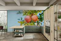 A graceful subtle pomegranate wall mural in rich, natural tones.

