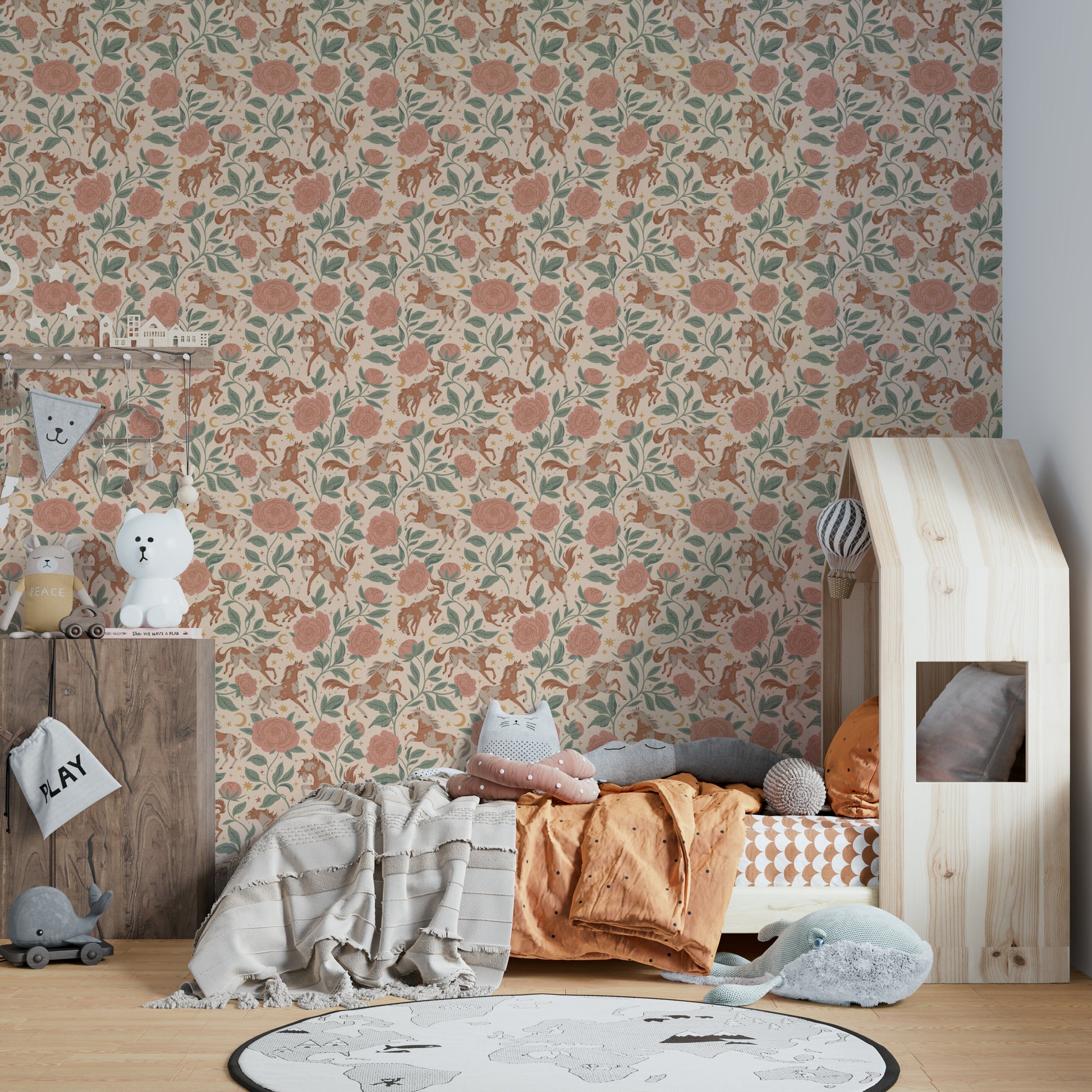 Pony and peony pattern wallpaper in neutral tones

