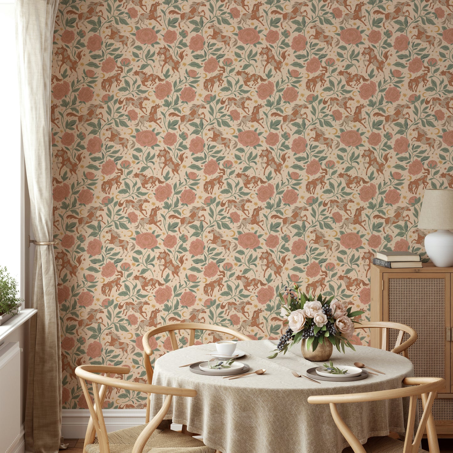Country Western wallpaper with horses and blooms

