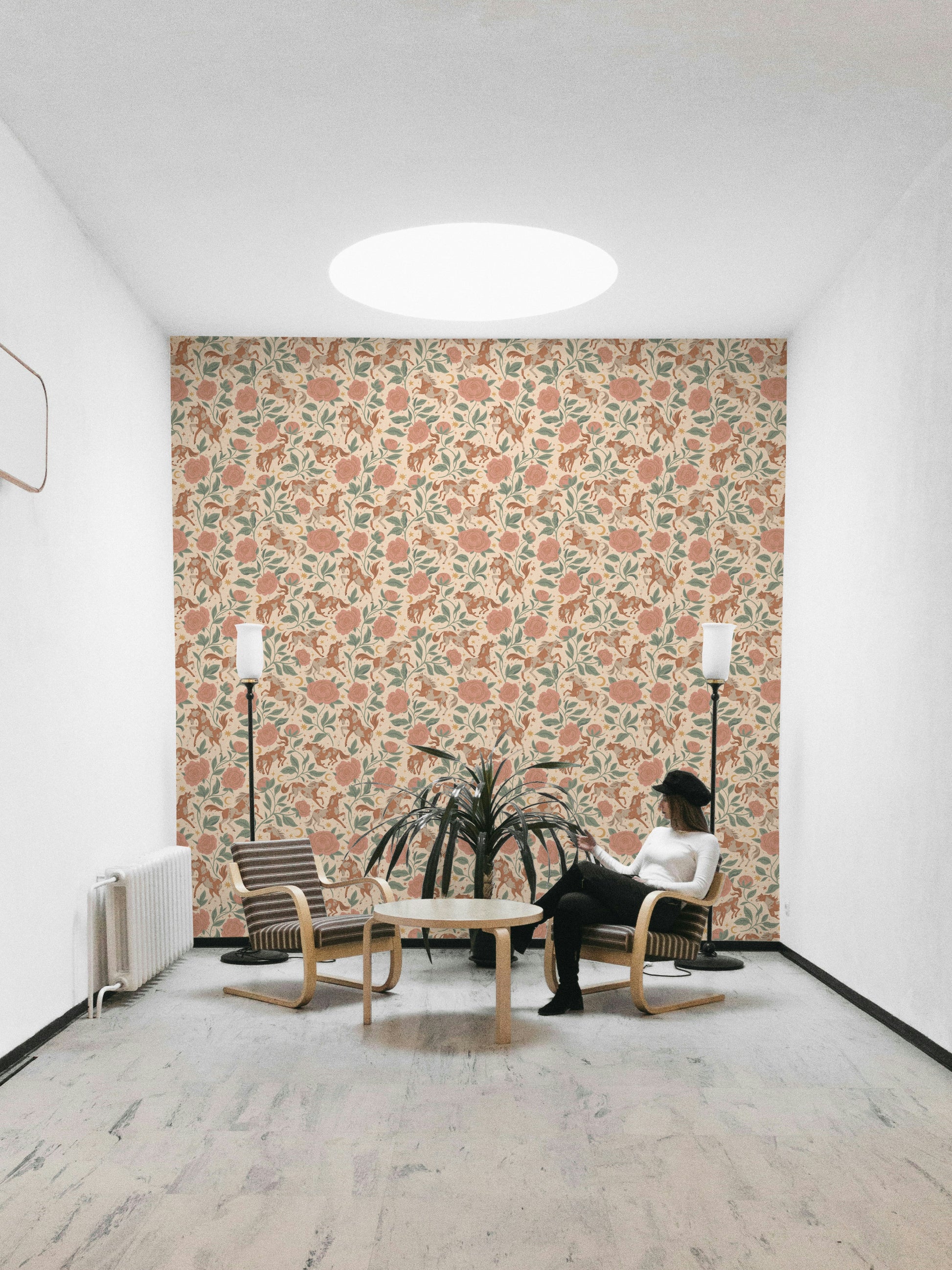 Rustic floral wallpaper featuring ponies

