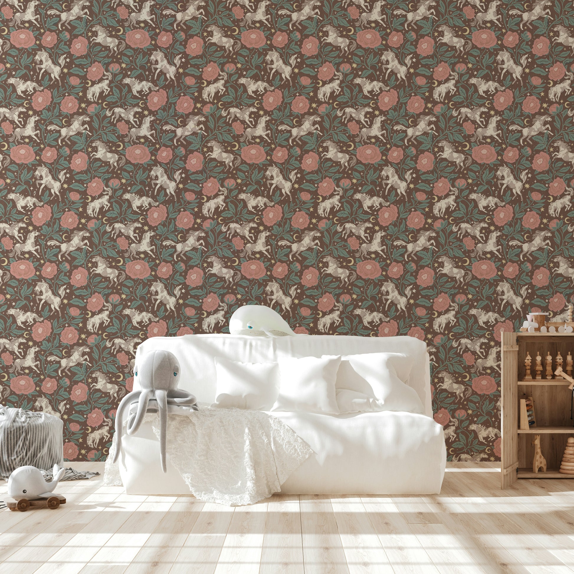 Wallpaper with Western horses and vintage peonies