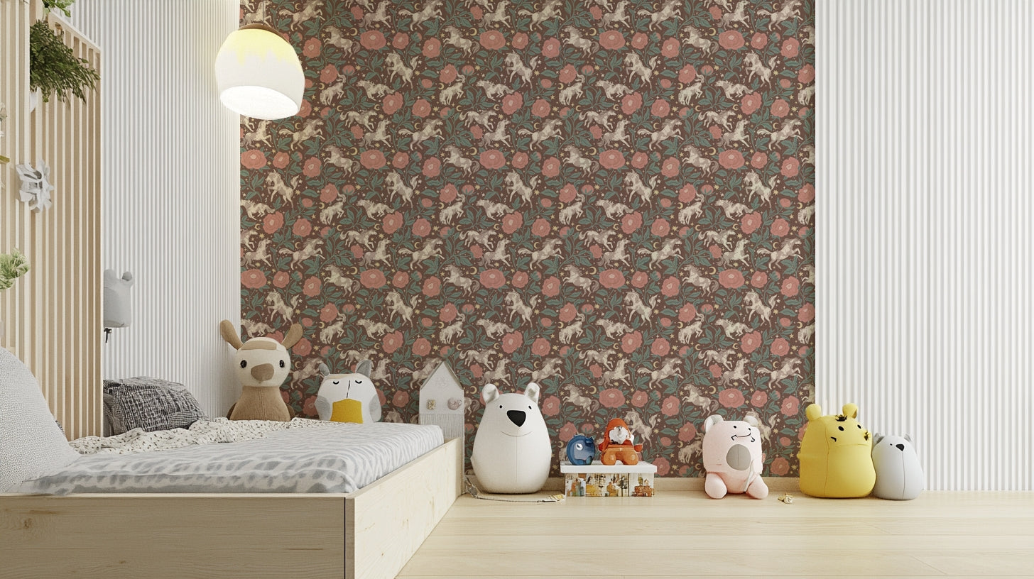 Rustic pony and peony wallpaper in Americana style

