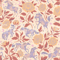 Ponies and Peonies Wild West Americana-05 wallpaper close-up showing lavender ponies, yellow and rust peonies with stars on cream