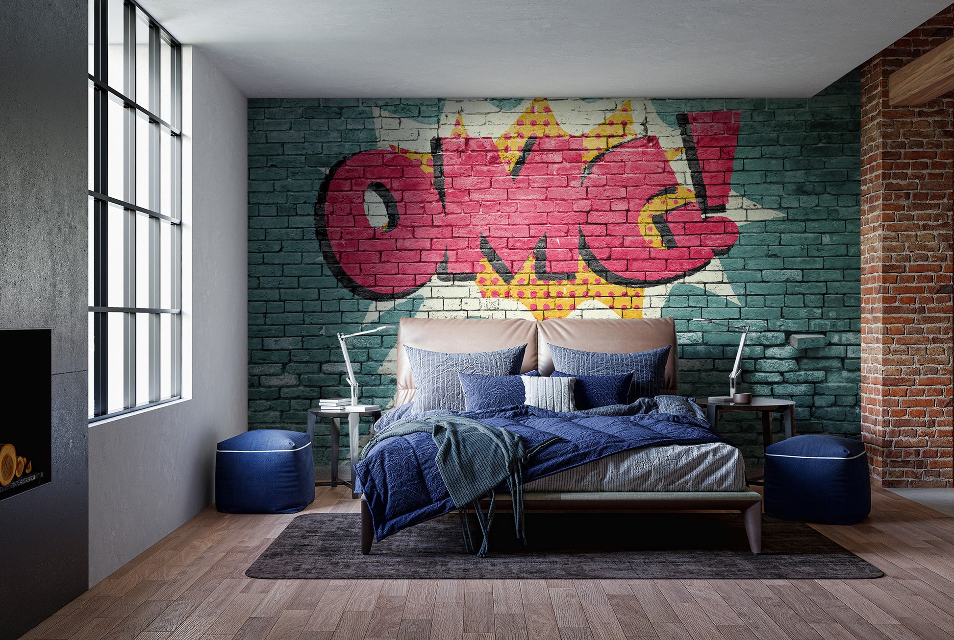 Pop Art OMG Graffiti wallpaper mural on teal brick behind a bed with navy bedding in an industrial bedroom