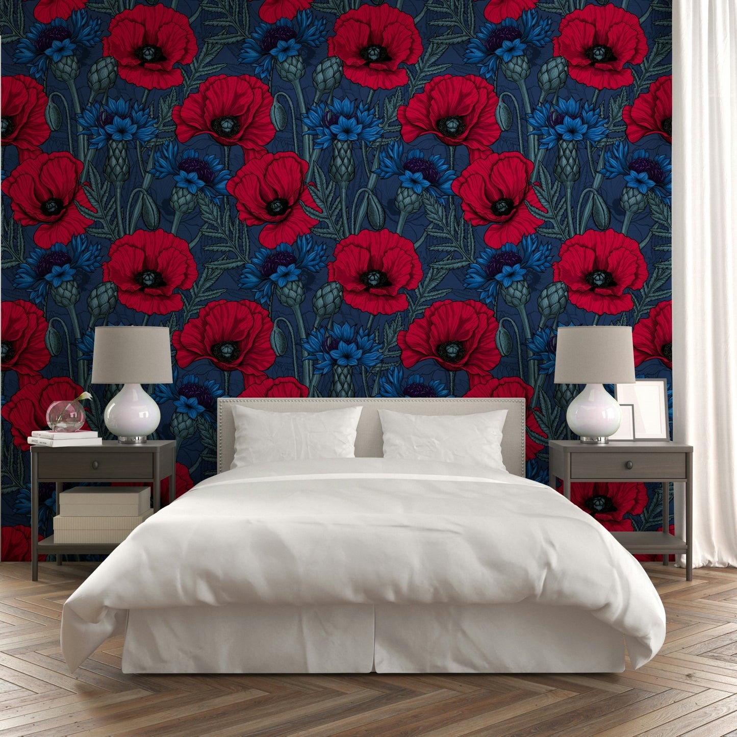 Floral poppies and cornflowers wallpaper for bedroom

