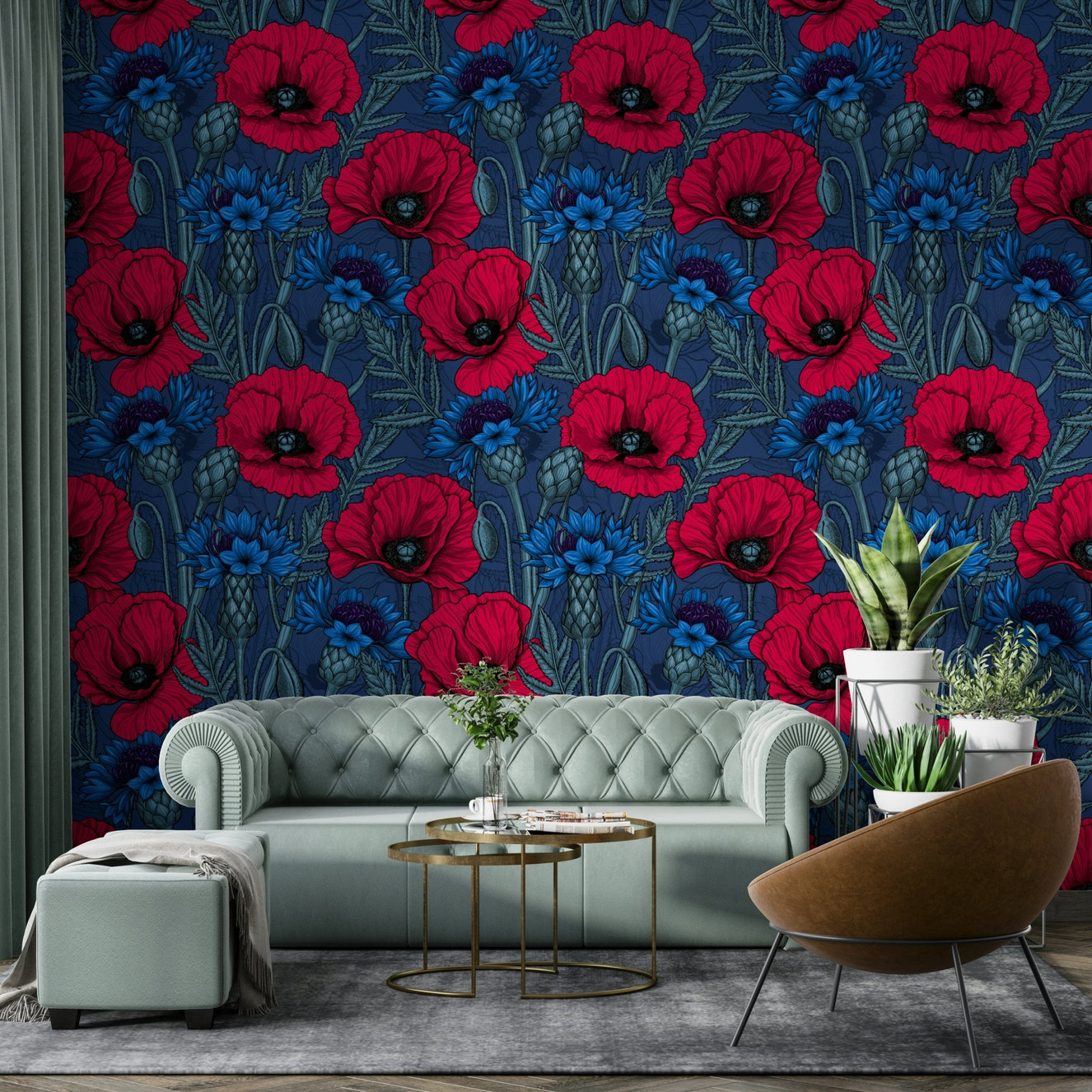 Floral wallpaper with poppies and cornflowers design

