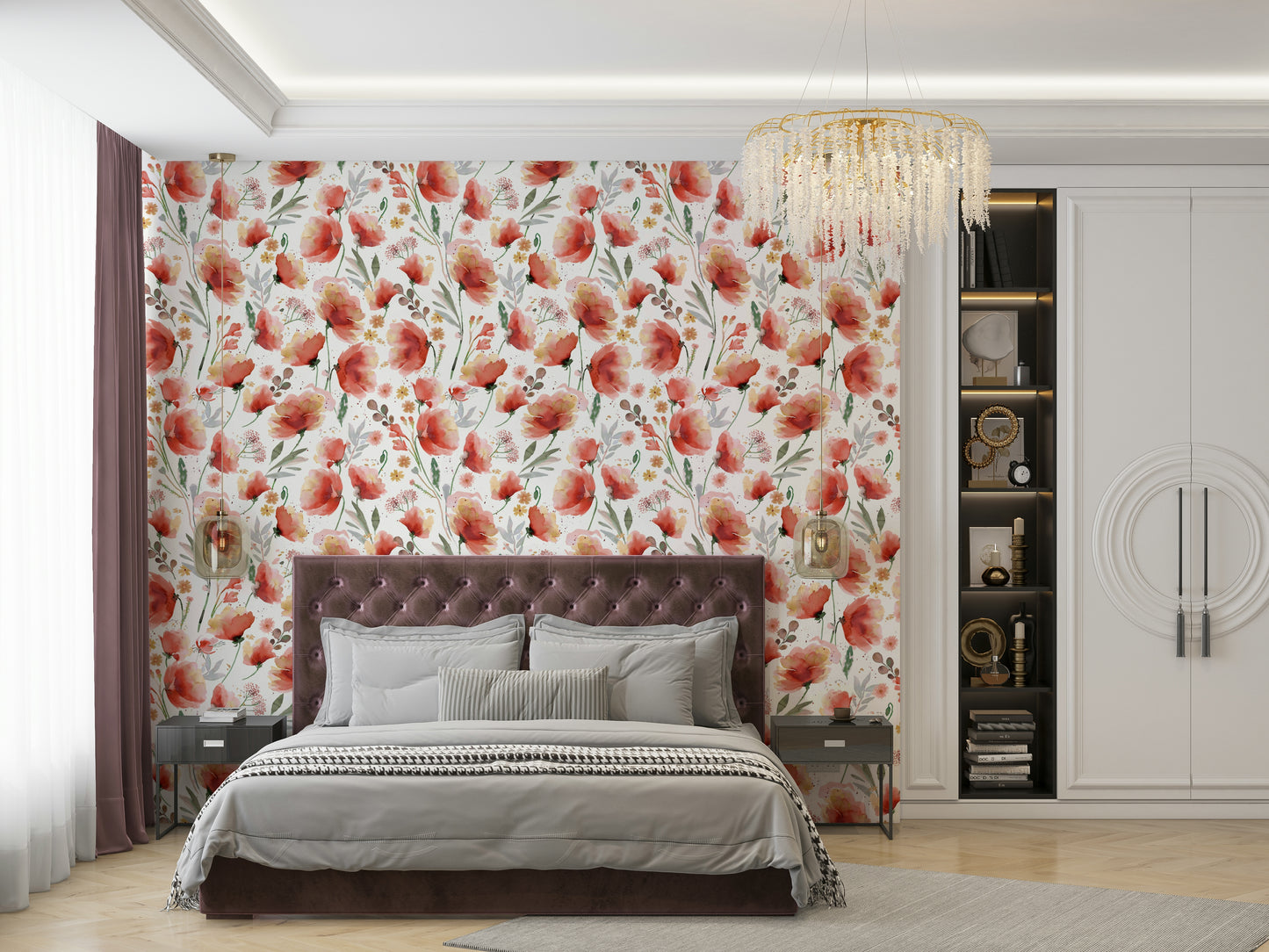 Country meadow mural with watercolor-style orange poppies.


