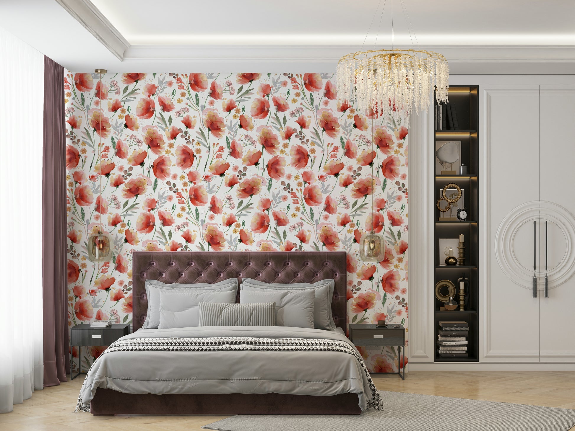 Country meadow mural with watercolor-style orange poppies.

