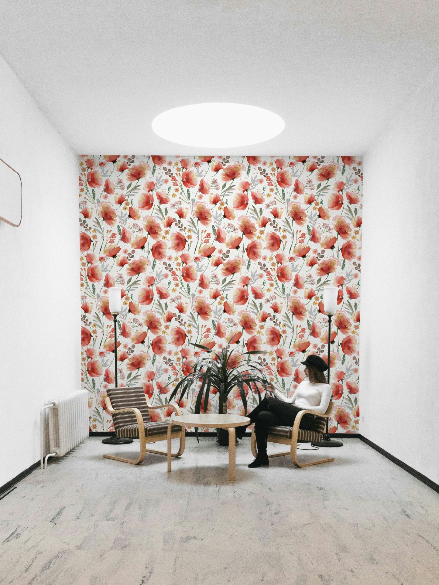 Wallpaper with hand-painted poppies in a soft countryside style.

