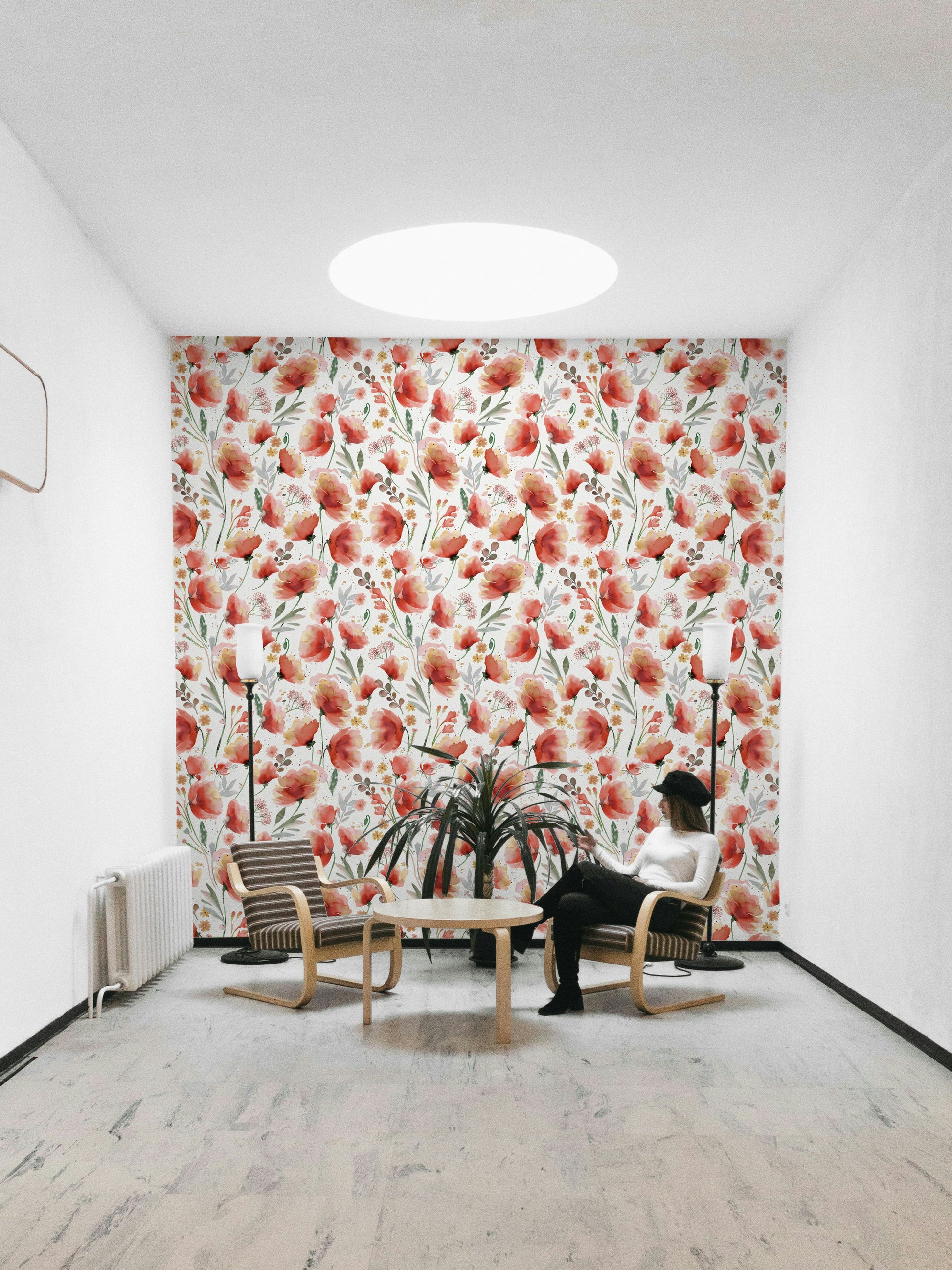 Wallpaper with hand-painted poppies in a soft countryside style.

