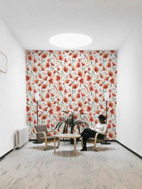 Wallpaper with hand-painted poppies in a soft countryside style.

