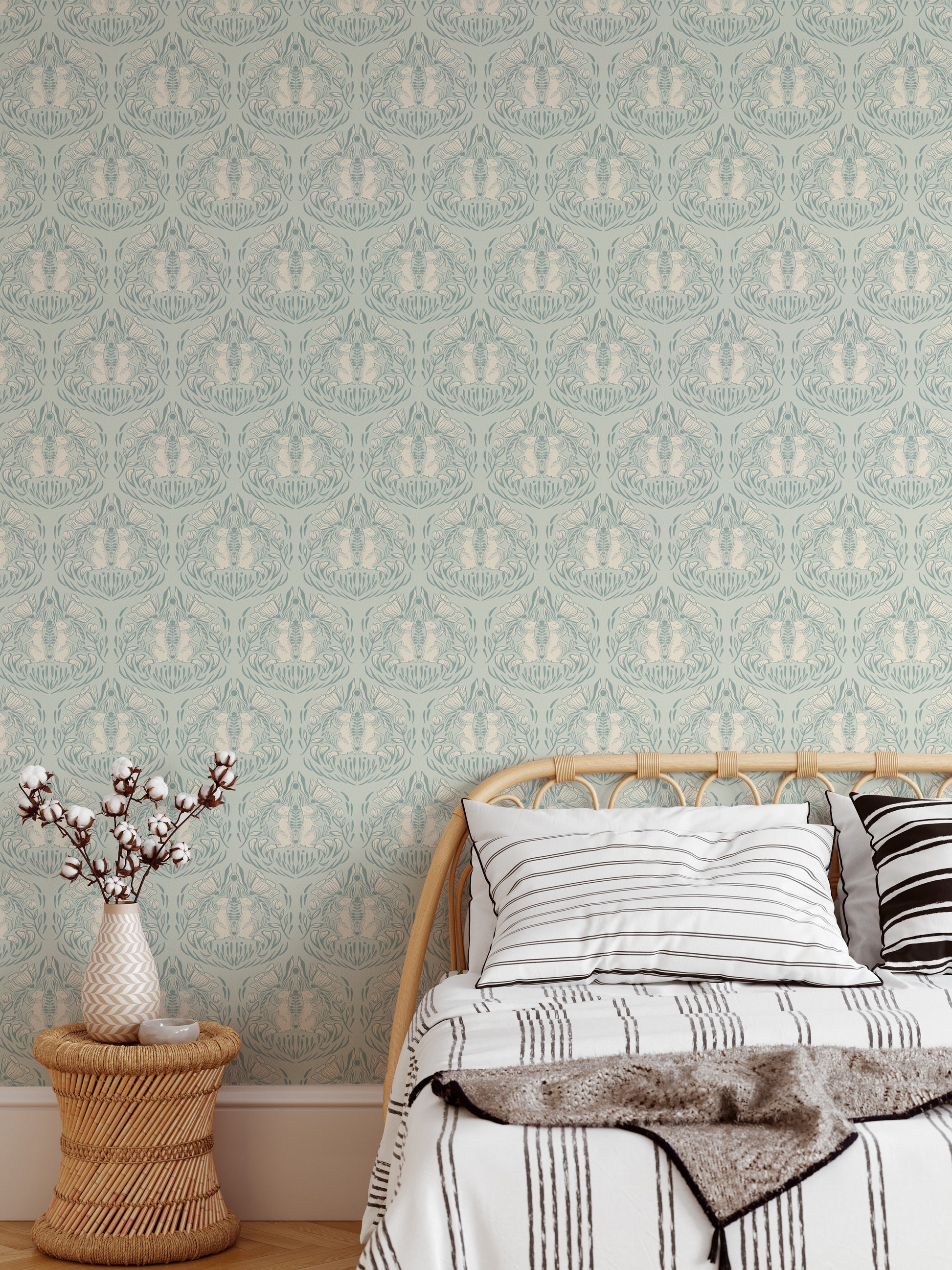 Illustrated meadow wallpaper with poppies and cute hare

