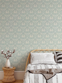 Illustrated meadow wallpaper with poppies and cute hare

