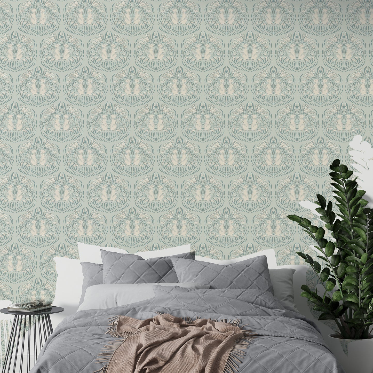 Soft misty meadow wallpaper with poppies and woodland charm

