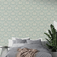 Soft misty meadow wallpaper with poppies and woodland charm

