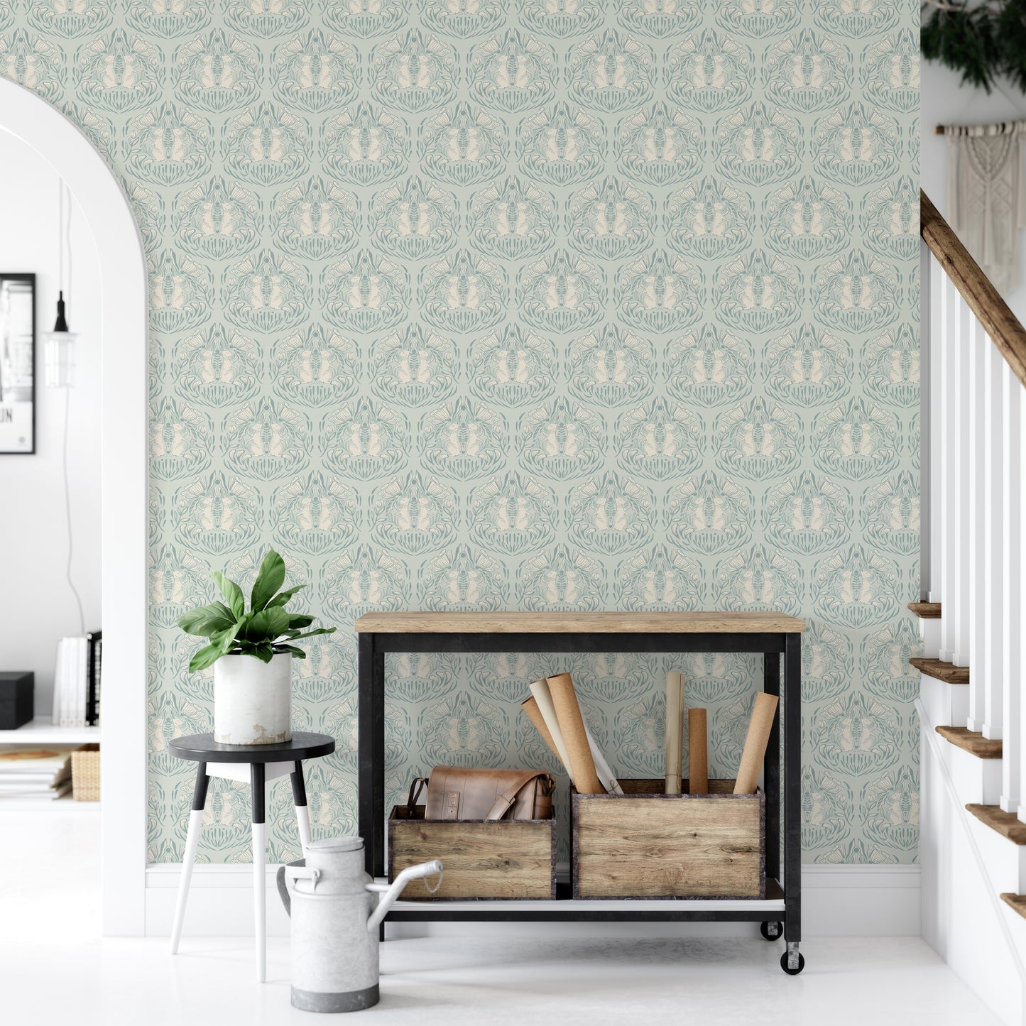 Storybook-style wallpaper with poppies and forest animals

