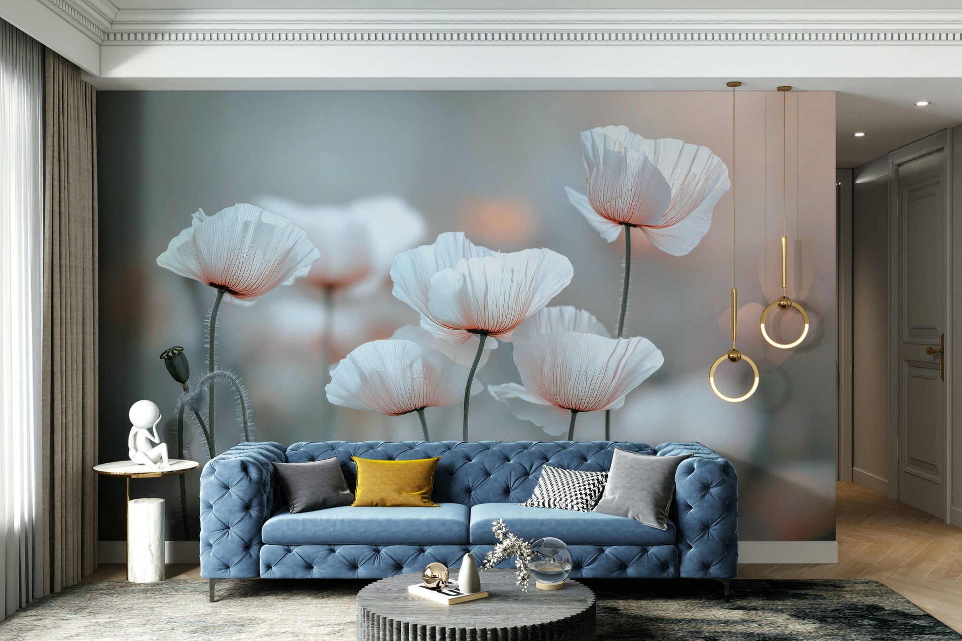 A calming poppy dream wallpaper mural that defines a space.

