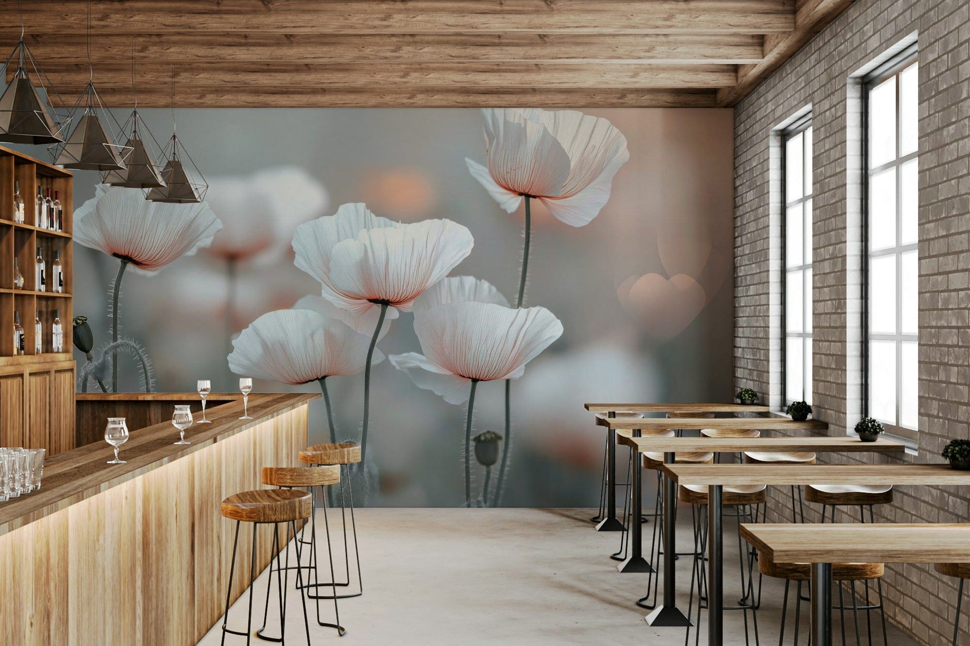 An artistic red poppy mural on minimalist wallpaper.


